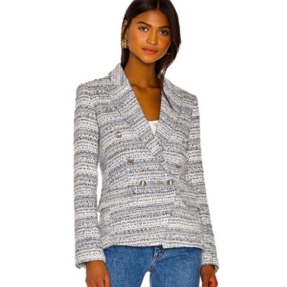 L’AGENCE Kenzie Tweed Double Breasted Blazer Blue Ivory Silver